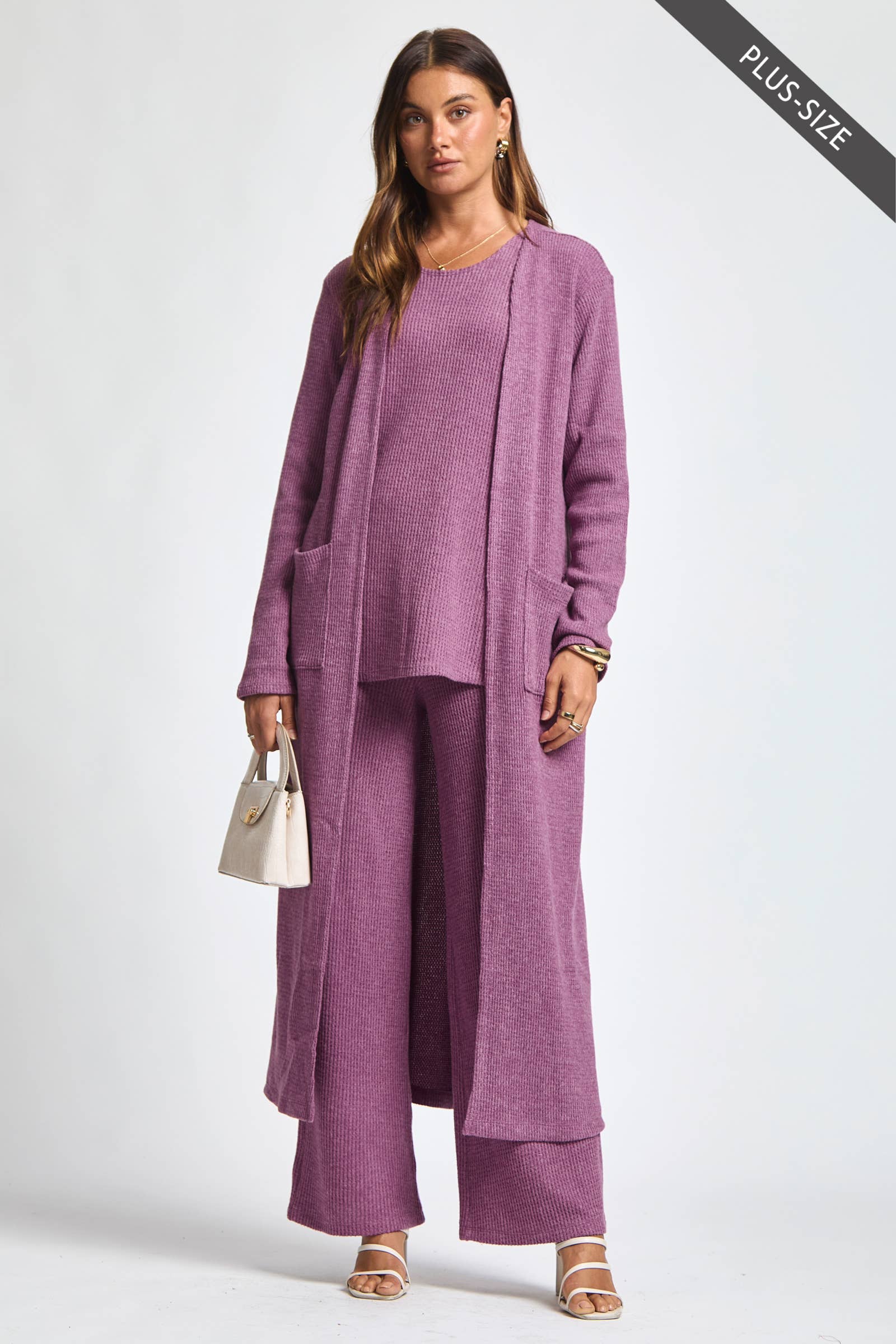 Dear Scarlett - Wholesale Lounge Set - Women's - PLUS SIZE Thermal Sleeveless Tank + Cardigan + Relaxed Pants1