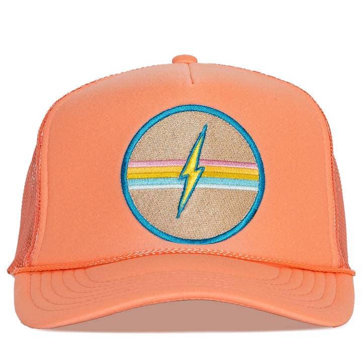 Electric Rainbow Trucker Hat in Coral for wholesale on Faire0