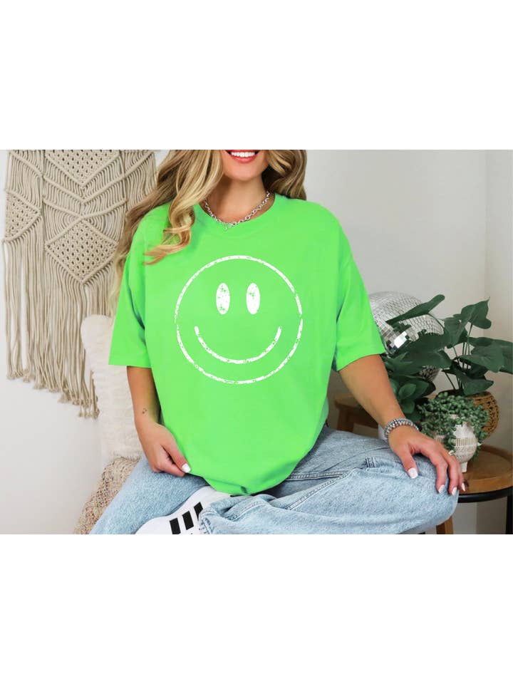 Fox and Owl Apparel - Wholesale Screen Printed T-Shirt - Women's - TRENDY RETRO SMILEY FACE NEON LIME SUMMER GRAPHIC TEE