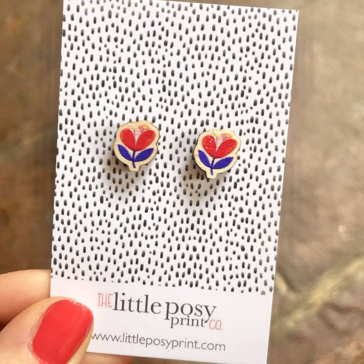 Wooden Painted Red and Pink Flower Stud Earrings for wholesale by The Little Posy Print Company