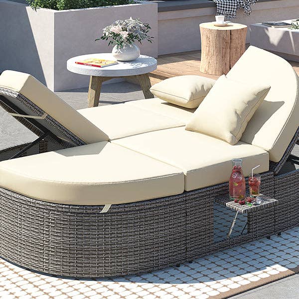 Orange County Decor - Wholesale Patio Couch - Outdoor Sun Bed Patio 2 Person Daybed With Cushions And Pillows, Rattan Garden Reclining Chaise Lounge With Adjustable Backrests And Foldable Cup Trays For Lawn, Poolside, Beige Yes Complete Patio