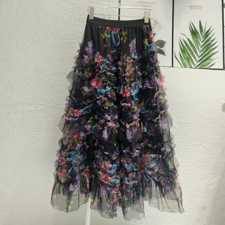 Productseeker - Wholesale Skirt - Women's - SK032 Colorful Floral Mesh Skirt with Irregular Stitching