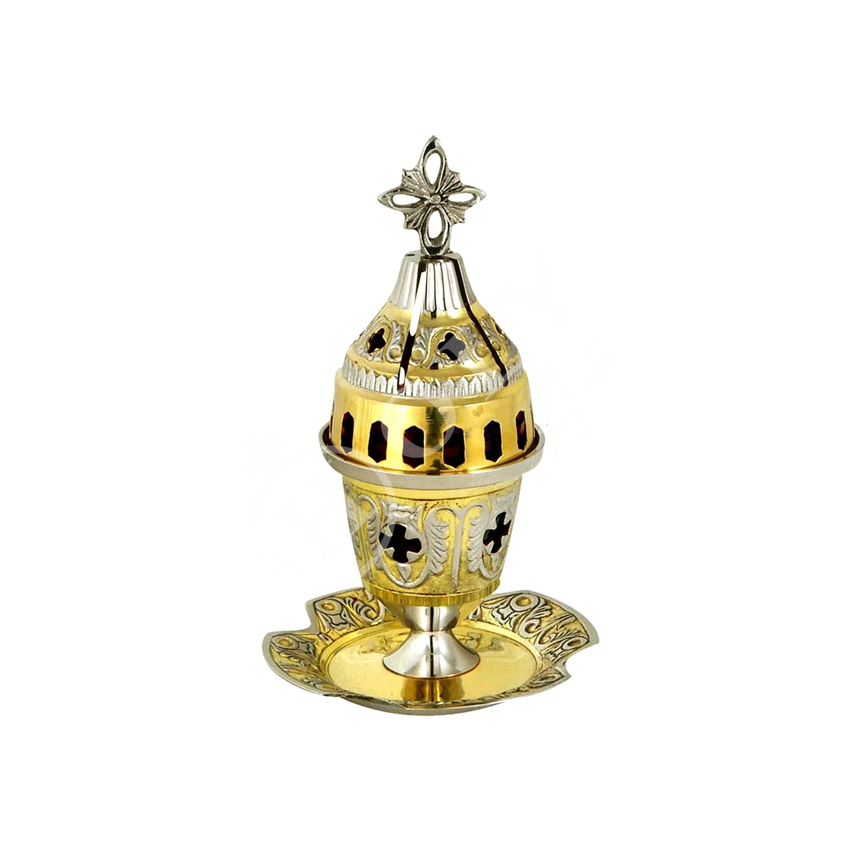 TheHolyArt - Wholesale Decorative Tabletop Object - Christian Brass Table Oil Vigil Lamp with Cross, Metal Hand-painted Prayer Standing Oil Lamp, Orthodox Oil Candle with glass cup, religious1