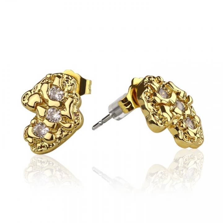18K GOLD PLATED NUGGET SHAPE WITH CZ GEM EARRING for wholesale by CRAVE