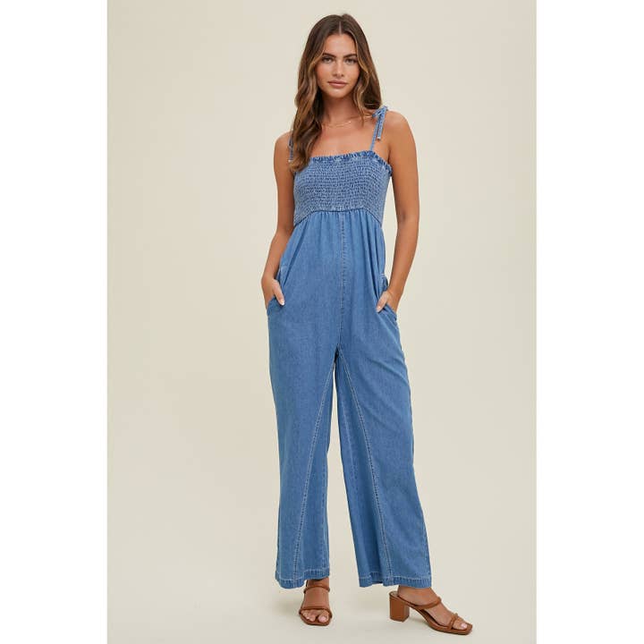 SMOCKED BUST DENIM JUMPSUIT / WL24-8602 for wholesale on Faire