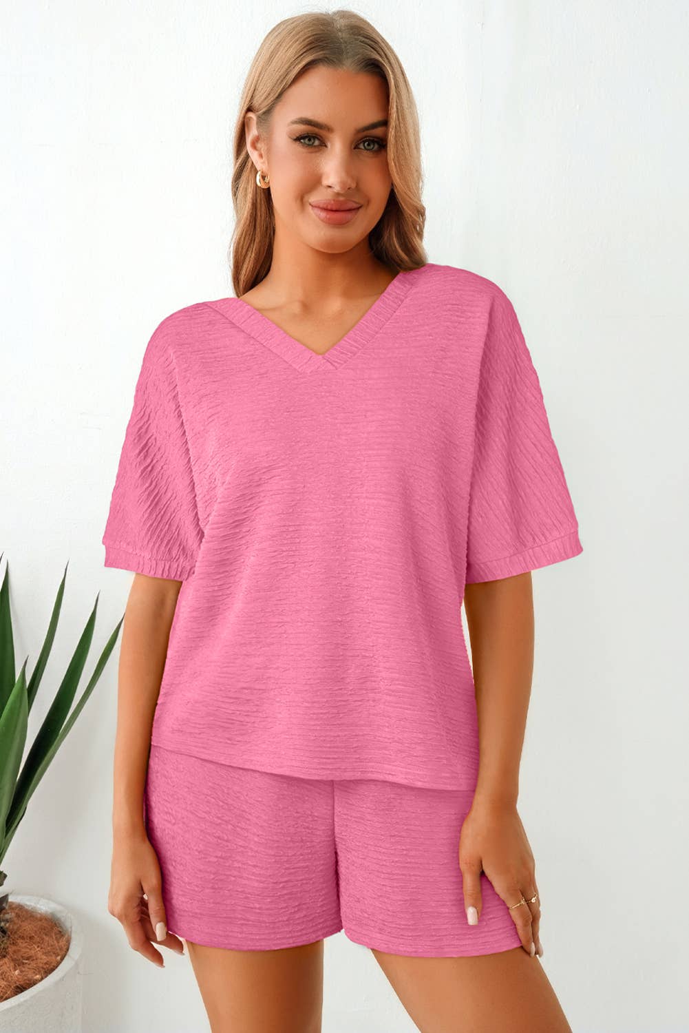 LA Society - Wholesale Lounge Set - Women's - Textured V-Neck Tee and High Waist Shorts Lounge Set4