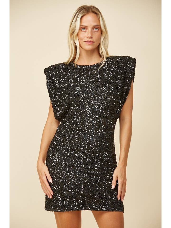 WISTERIA LANE – Großhandel Kleid – Damen – MINIKLEID MIT PAILLETTEN UND SCHULTERPOLSTERN 3147DIA SCHWARZ