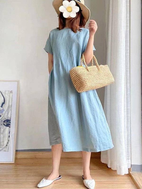 StyleGalX - Wholesale Dress - Women's - Casual Loose Solid Color Round-Neck Midi Dresses11