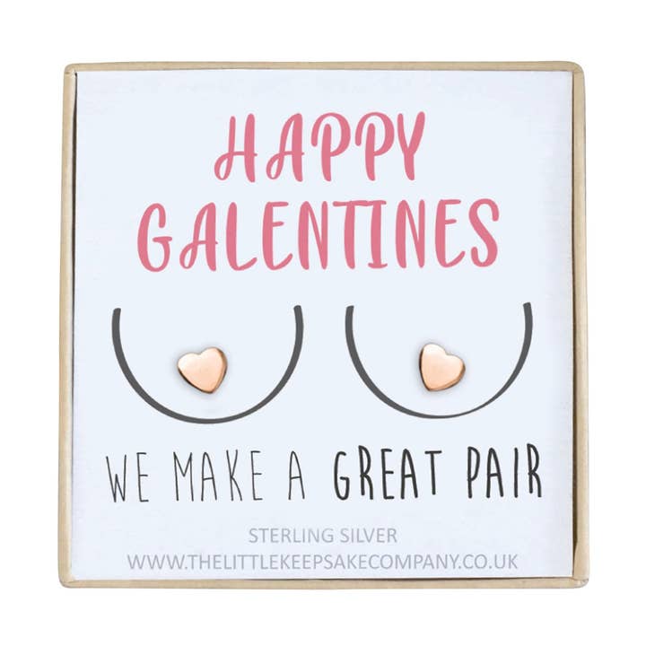 Pendientes con cita en oro rosa bañado en plata bañada en oro rosa, Happy Galentines, hacemos un gran par para venta al por mayor de The Little Keepsake Company
