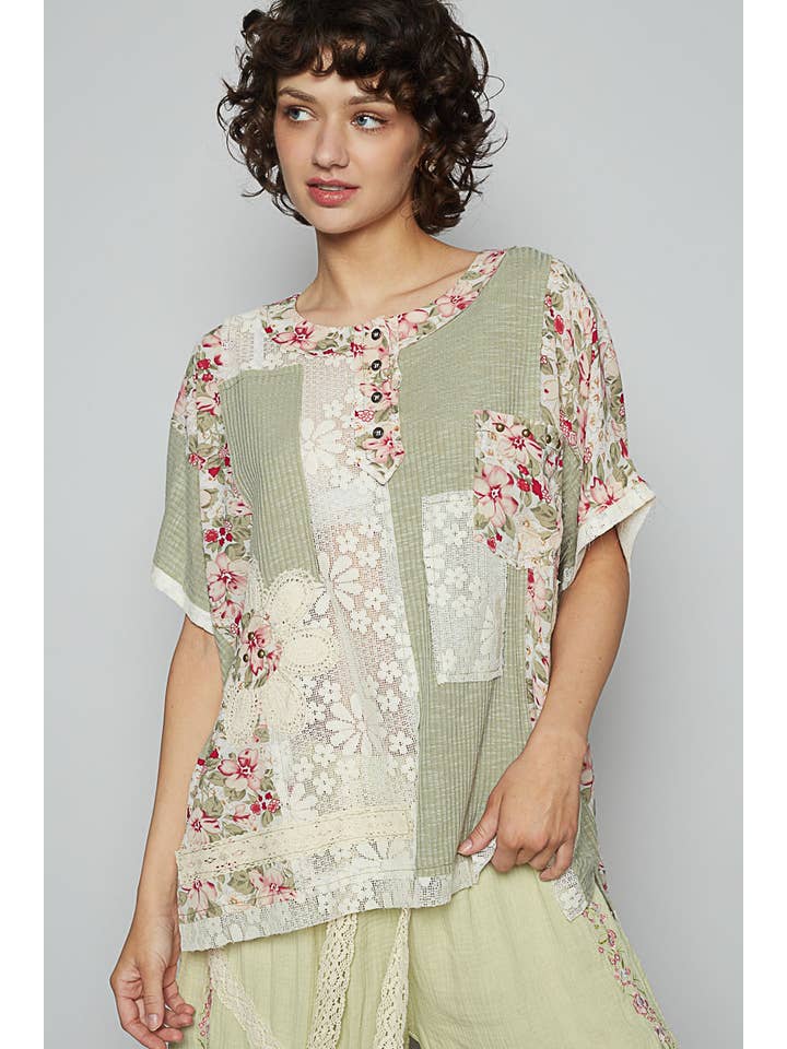 Pol Clothing - Wholesale Knit Top - Women's - Round neck short sleeve floral knit rib top SALE