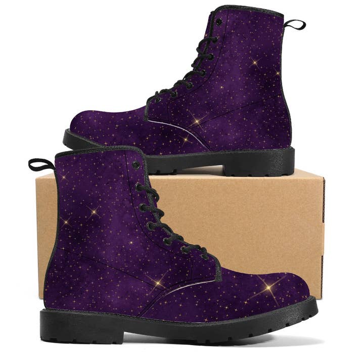 Raiana's Vibes - Wholesale Combat/Military Boots - Women's - Purple Galaxy Women's Boots, Vegan Leather, Chakra Boots, Handcrafted Boots, Combat Boots, Rave Outfit, Trippy Hippie, Galaxy Mens Boots