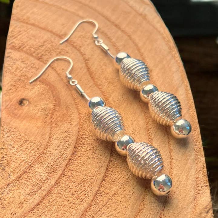 Silver Oval Ribbed Bead Earrings ER178S for wholesale by Jess & Lou