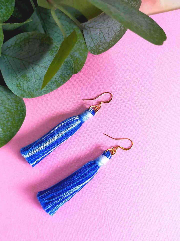 "Cora" Blue Ombre Cotton Macrame Fringe Tassel Earrings for wholesale by Created By Lau