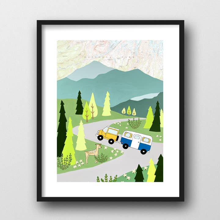 Mountain Camper Map Art Print for wholesale by Rachel Austin