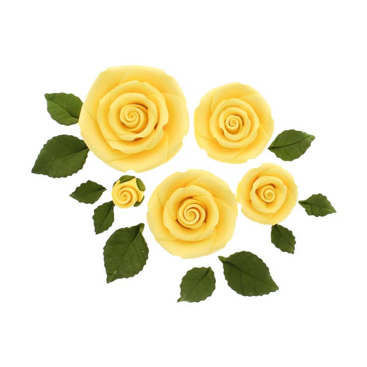 Kit Exquisito de Rosas y Hojas, Flores de Azúcar para Pasteles de Global Sugar Art, Rosas Amarillas con Hojas, Juego de 15 Piezas para venta al por mayor de Global Sugar Art