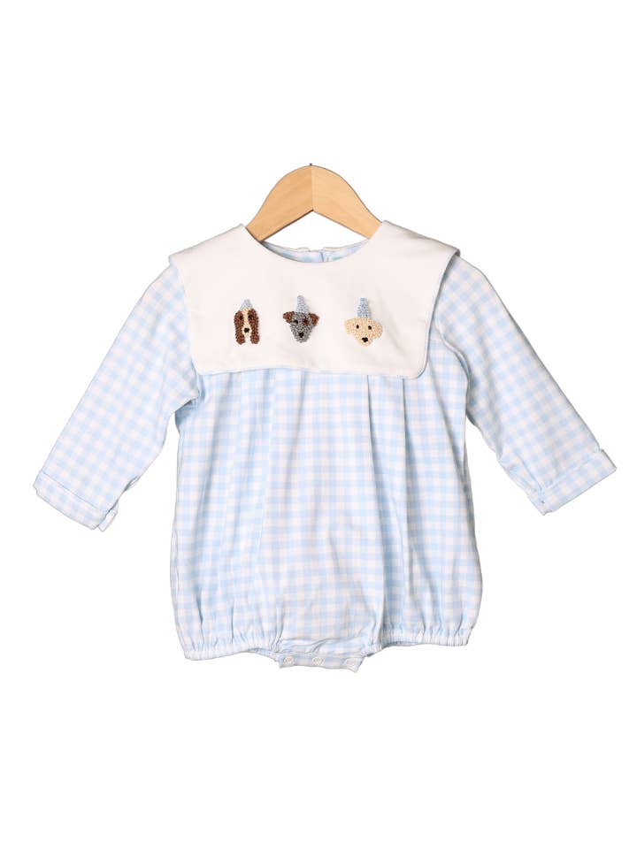 French Knot Birthday Party Pups Blue Gingham Long Sleeve Bubble for wholesale by The Smocked Flamingo
