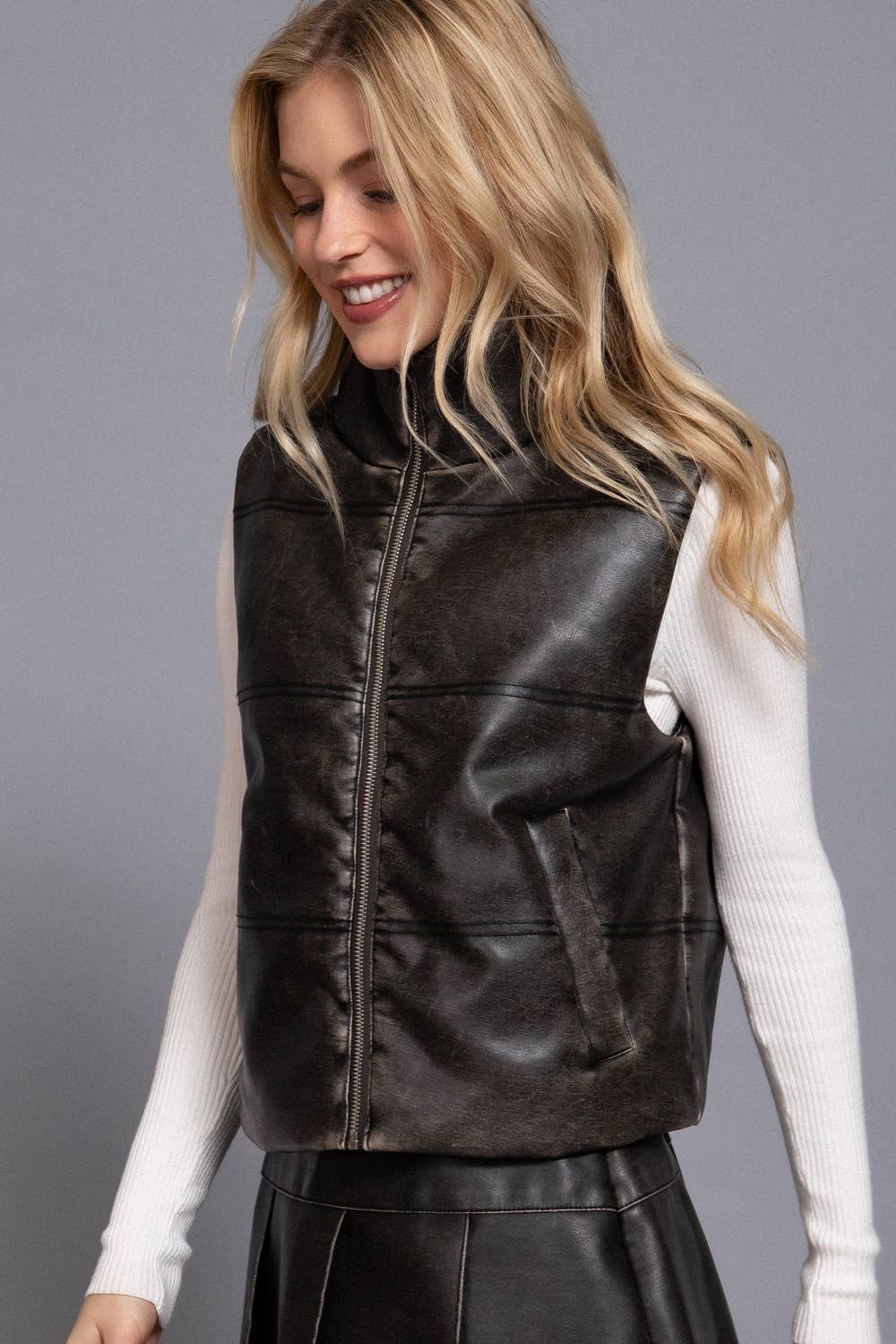 Vanilla Monkey - Wholesale Outerwear Vest - Women's - Wash Effect Faux Leather Vest1