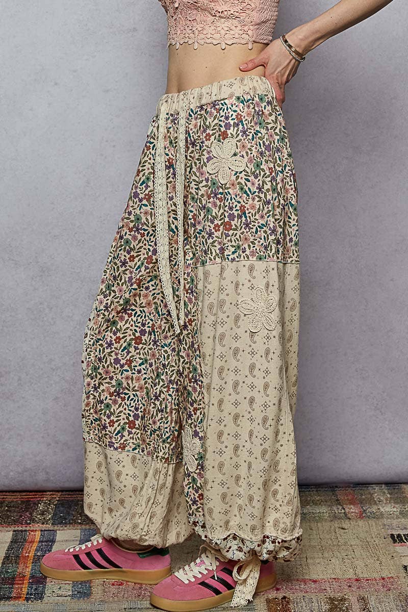 Pol Clothing - Wholesale Pants - Women's - Crochet patch detail contrast patchwork printed woven pants17