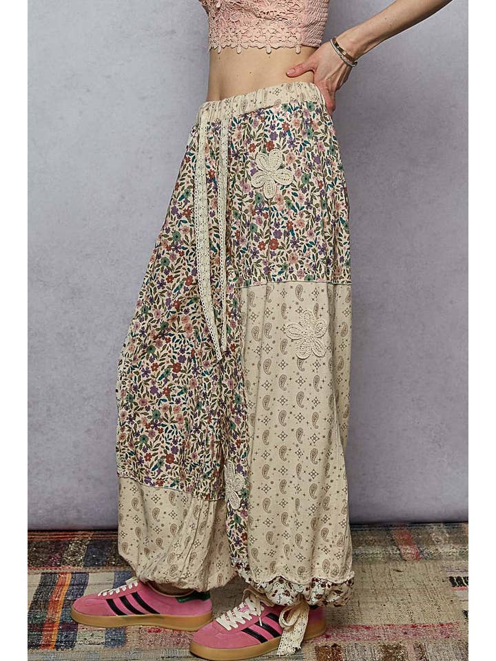 Pol Clothing - Wholesale Pants - Women's - Crochet patch detail contrast patchwork printed woven pants17