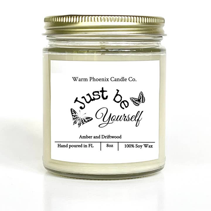 Amber and Driftwood Soy Candle, Custom Company Name Label for wholesale by Warm Phoenix Candle Co.