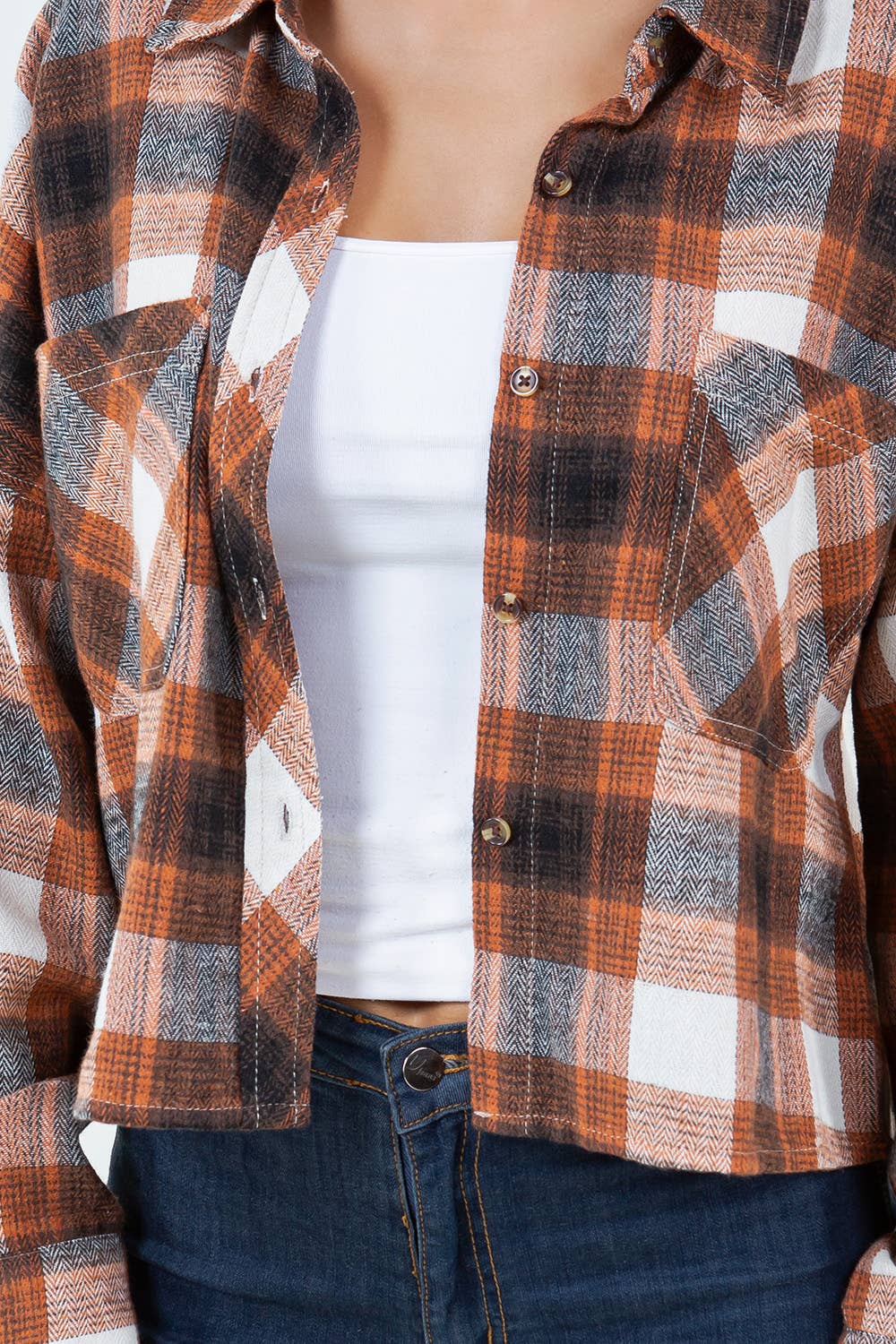 Veracci - Wholesale Button Down Shirt - Women's - Boxy Cropped Long Sleeve Plaid Over Shirt19