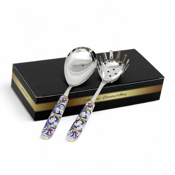 CADEAUBOX: Keramische Handgreep Serveerbestek Set - Spaghettitang en Risotto Lepel met 18/10 roestvrijstalen bestek - Ricco Deruta ontwerp voor wholesale door Artistica - Deruta of Italy