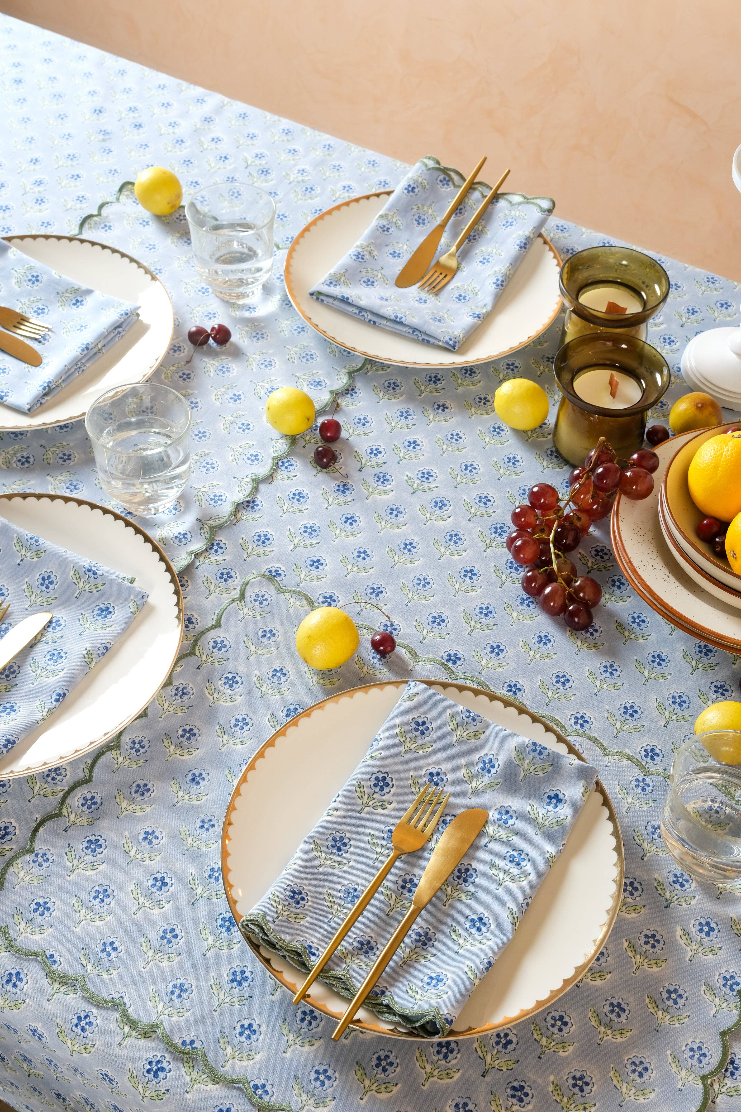 Inner Child - Wholesale Placemat - Mona Scallop Embroidered Blockprint Placemat in Blue1