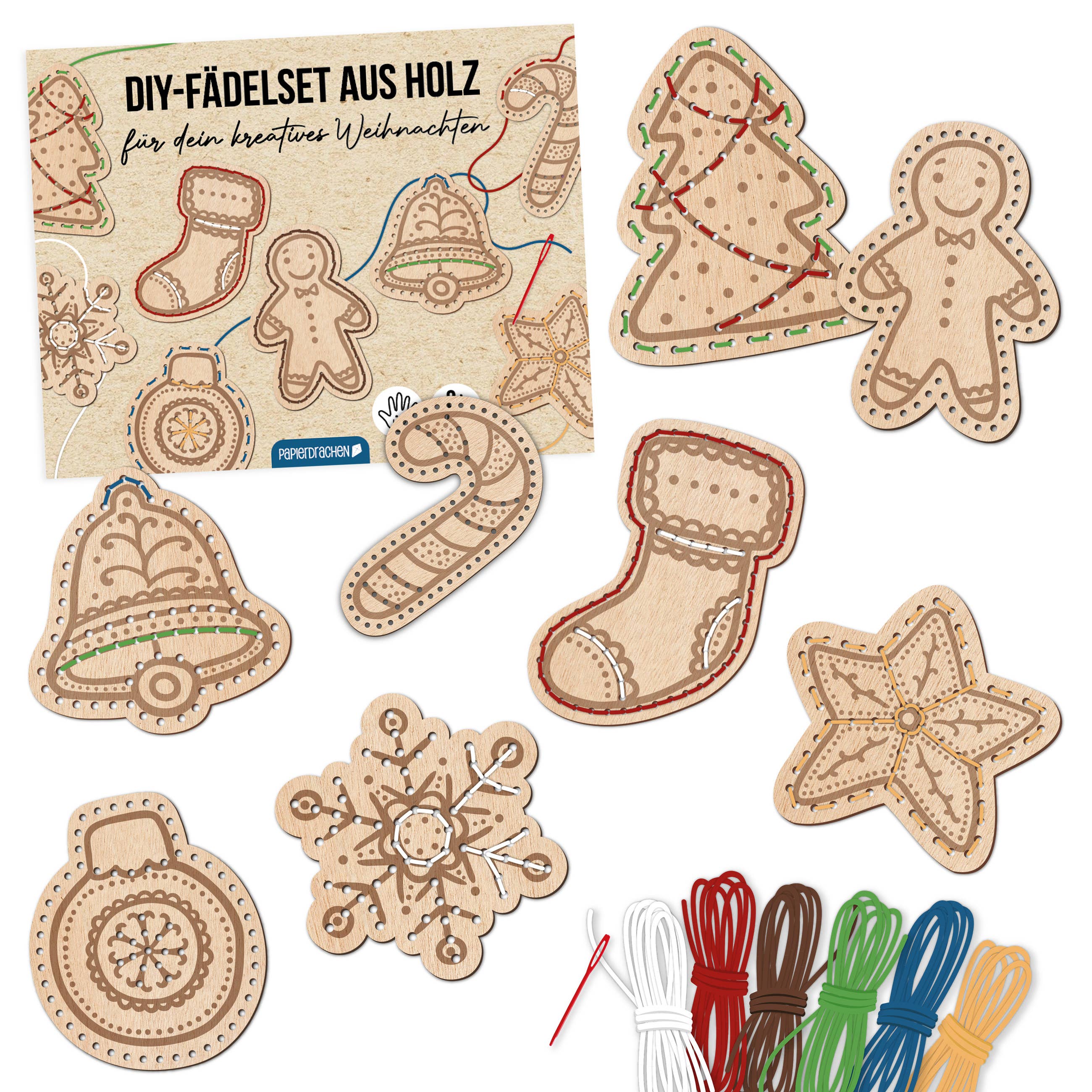 Papierdrachen - Wholesale Doe-het-zelf-knutselset - Houten rijgset kerst - Set 010