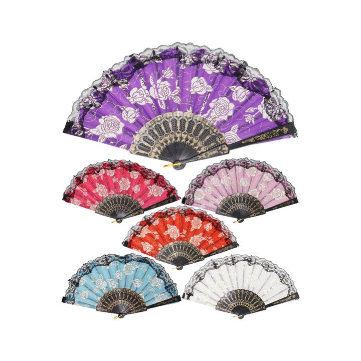 Cap Zone - Wholesale Handheld Folding Fan - Rose Gold Glitter Lace Trim Hand-Held Folding Fan
