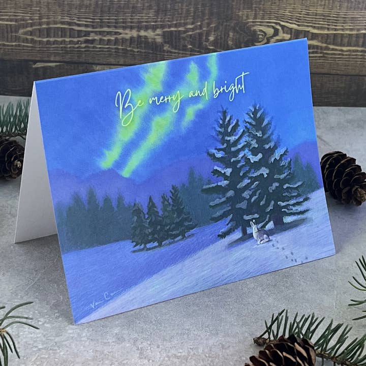 Merry and Bright Northern Lights Holiday Card for wholesale by Sea Spray AK