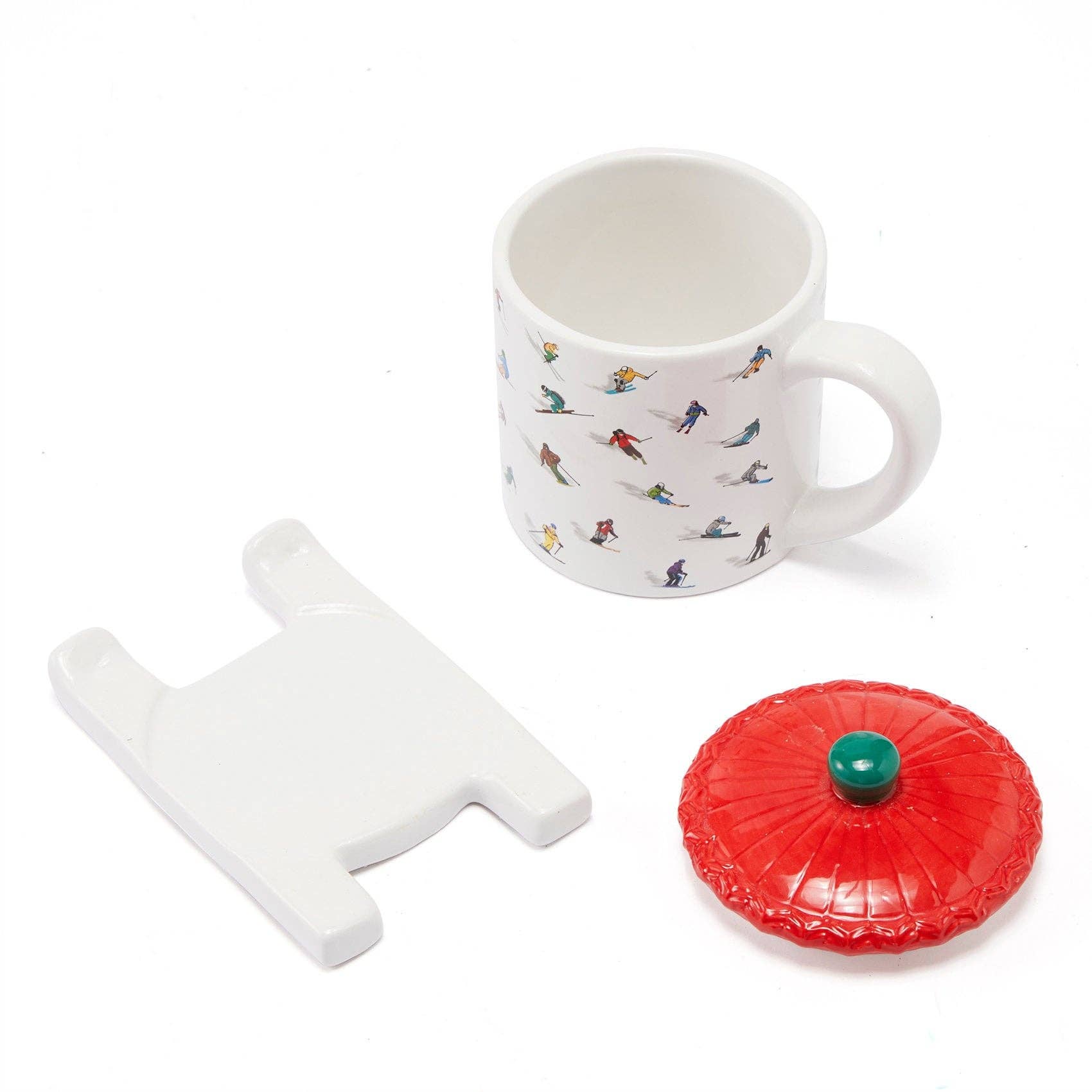 The Wine Savant /  Khen Glassware - Wholesale Coffee Mug - Ceramic Skiing Mug with Lid and Skis Coaster by GUTE - Cute6