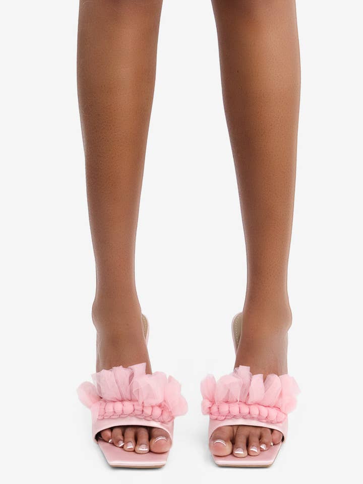 Lemonade Shoes - Wholesale High Heels - Women's - MADE YOU LOOK - Satin Ruffle Square Toe Heel, Clear Stiletto16