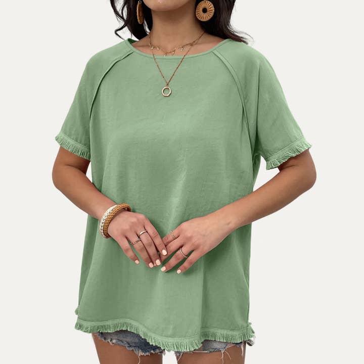 The Moment Collection - Wholesale Tunic – Women’s - Relaxed and Chic Fringe Short Sleeve Oversized Top1