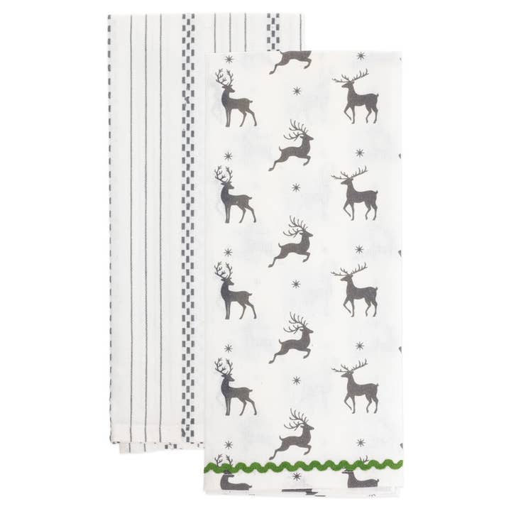 Boston International - Wholesale Tea Towel - Gray Reindeer & Stripes Tea Towels S/2 Christmas