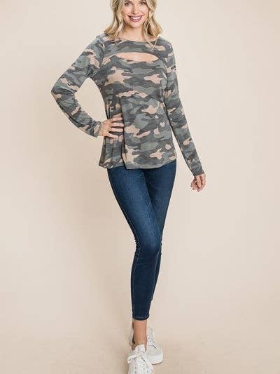 Bandanas Wholesale - Wholesale T-shirt – women's - Army Camo Printed Cut Out Neckline Long Sleeves Casual Basic Top1