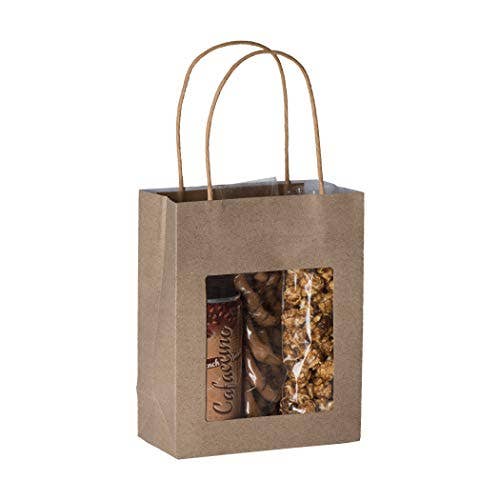 Hammont - Wholesale Gift Bag - Brown Kraft Paper Bag With Window 10 Pack 7.75"X 6.25"X 3"