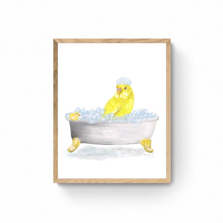 Impression de Perruche Jaune se Baignant, Perruche dans la Baignoire, Art Mural de Salle de Bain, Peinture Commémorative d'Oiseau, Oiseau se Relaxant dans le Bain, Art pour Amoureux des Oiseaux pour la vente par MerikaArt