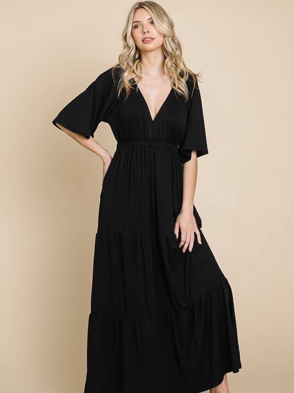 CJD1406 - ROBE MAXI À ÉTAGES AVEC MANCHES ÉVASÉES RAGLAN ET FRONCÉES pour la vente par Culture Code