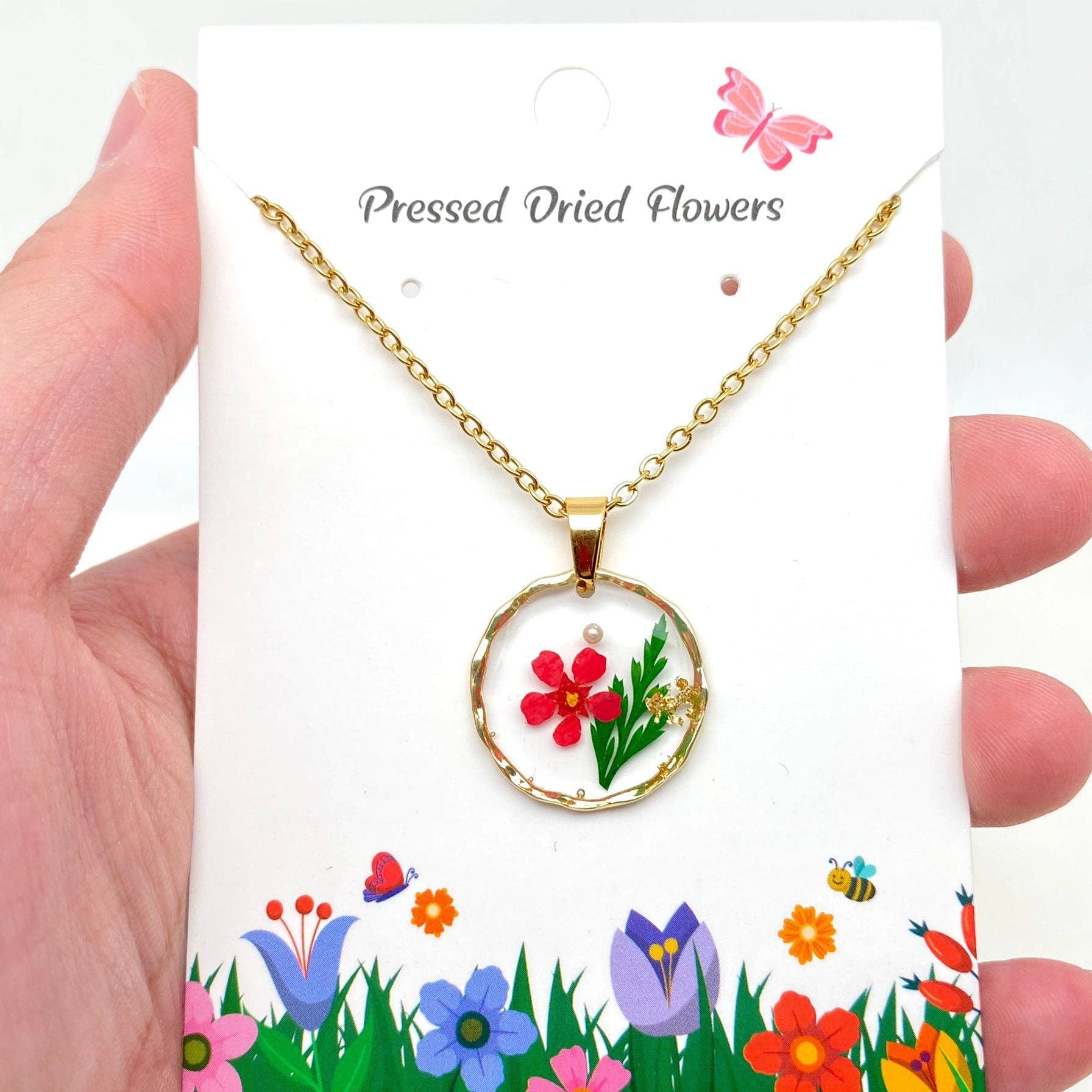 Mio Queena - Wholesale Pendant/Charm Necklace - Dried Flowers Floral Irregular Round Pendant Necklace - PDF8