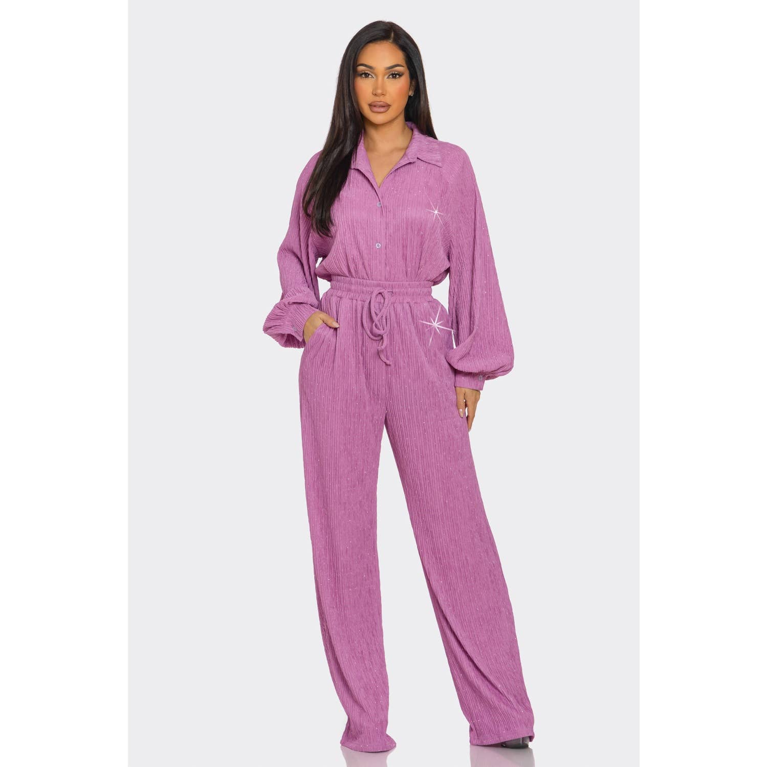 Style Up – Conjunto de top e calça (roupa NÃO Casual) - Mulher por atacado – Conjunto de Camisa e Calças com Botões de Strass Enrugados5