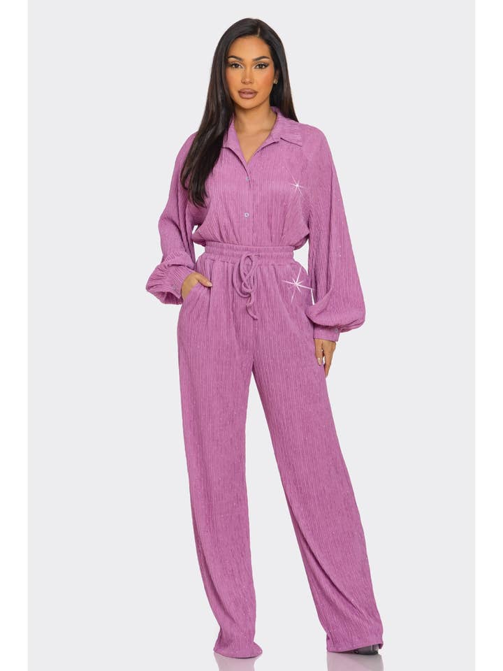 Ensemble chemise et pantalon à boutons en strass froissés pour la vente par ITSSY