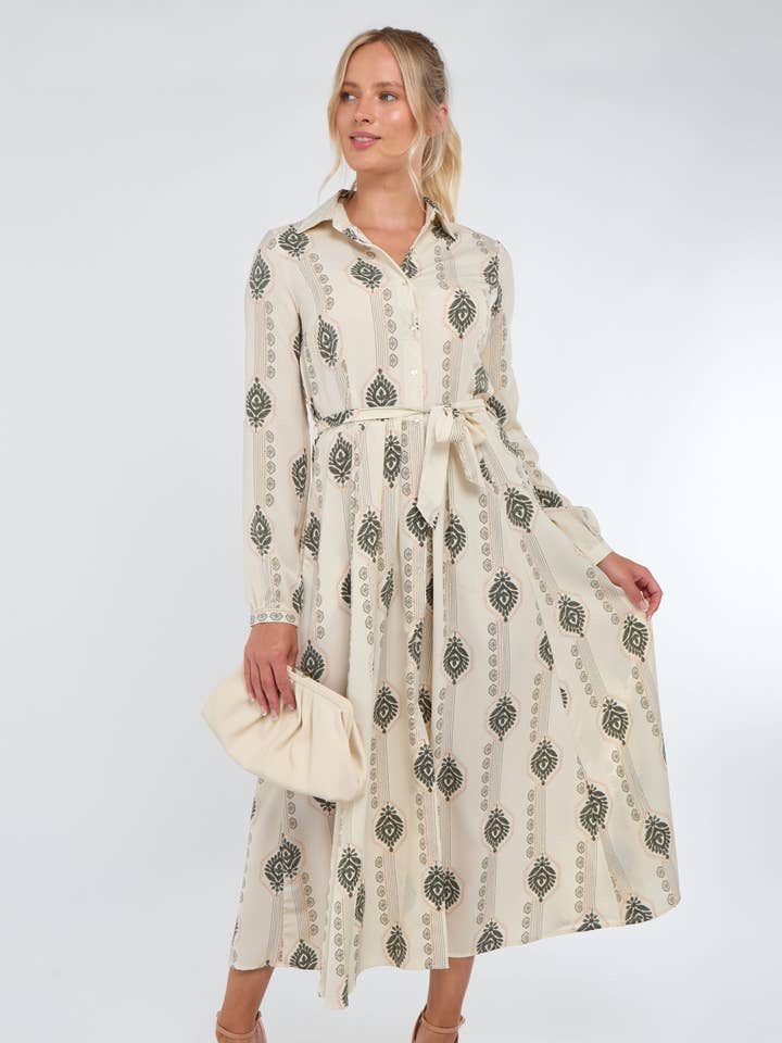 Cream and Olive Boho Print Maxi Shirt Dress for wholesale by Love Sunshine Wholesale