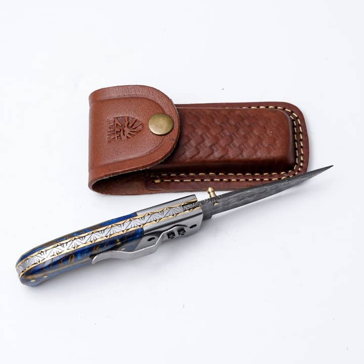Titan International - Wholesale Pocket Knife/Holder - Hand-Engraved Folding Knife with Leather Sheath – Damascus-Inspired Detailing1