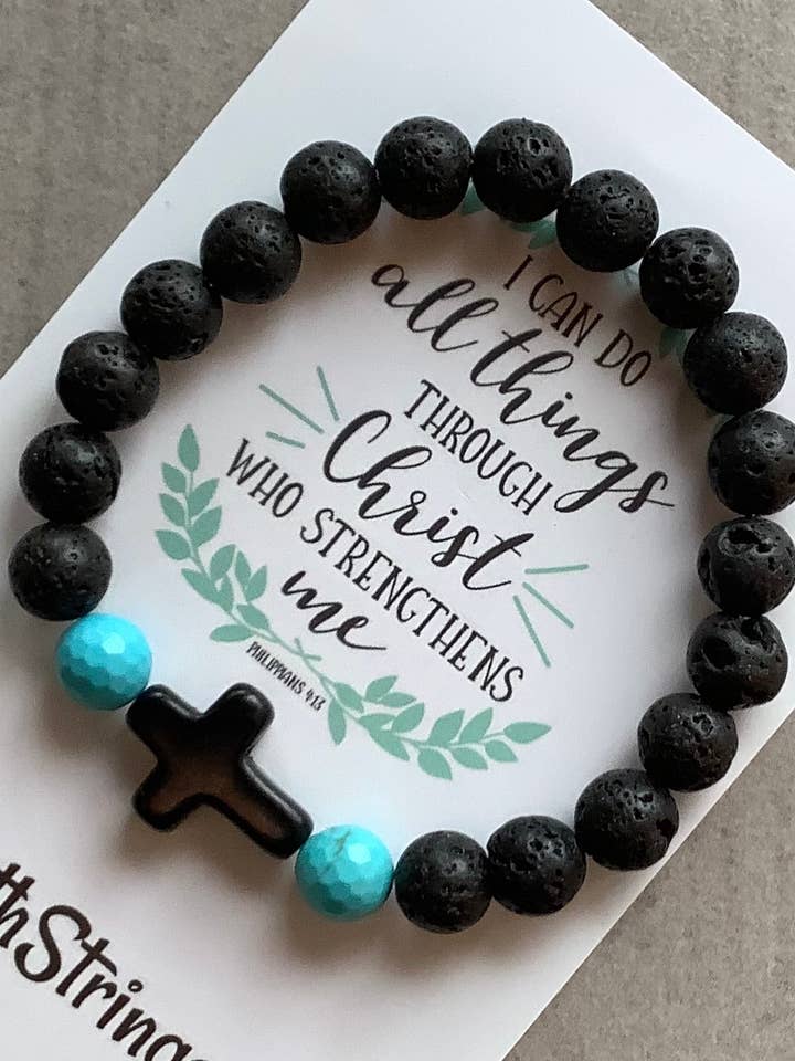 Christian Gift Cross Lava Bead Bracelet Black Turquoise for wholesale by Faithstrings