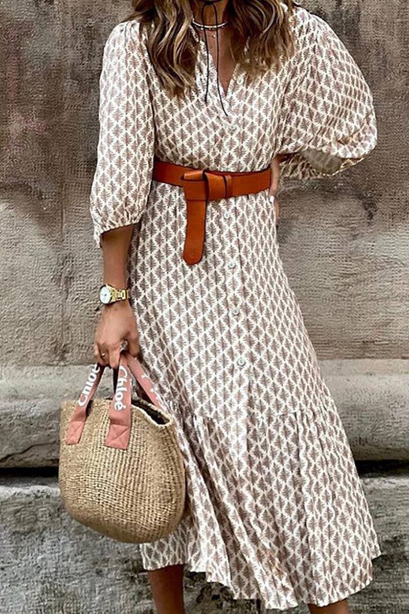 KHAKI Belt waist print V-neck simple single-breasted long dress for wholesale on Faire1