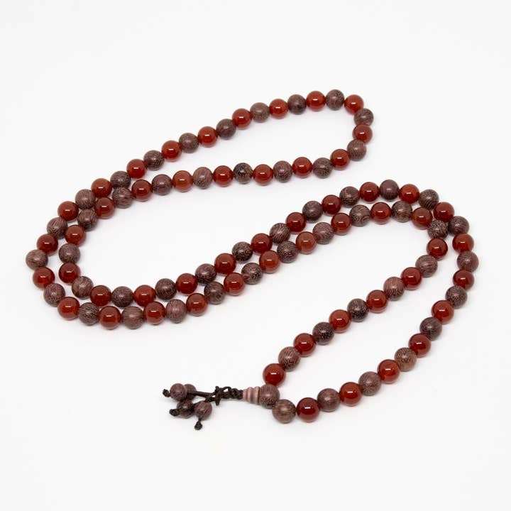 Carnelian & Purpleheart Wood Zen 108 Bead Mala - 8mm for wholesale by Namu Baru Inc.