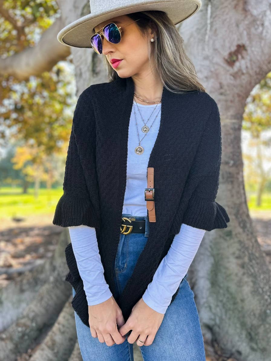 Classic Black Triangle Ruffle Shawl with Faux Leather Buckle for wholesale on Faire3