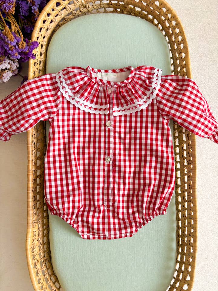 Maria Jasmim Baby & Child - Wholesale Bodysuit (Non-Footed) - Baby - Red Vichy Ruffle Trim1