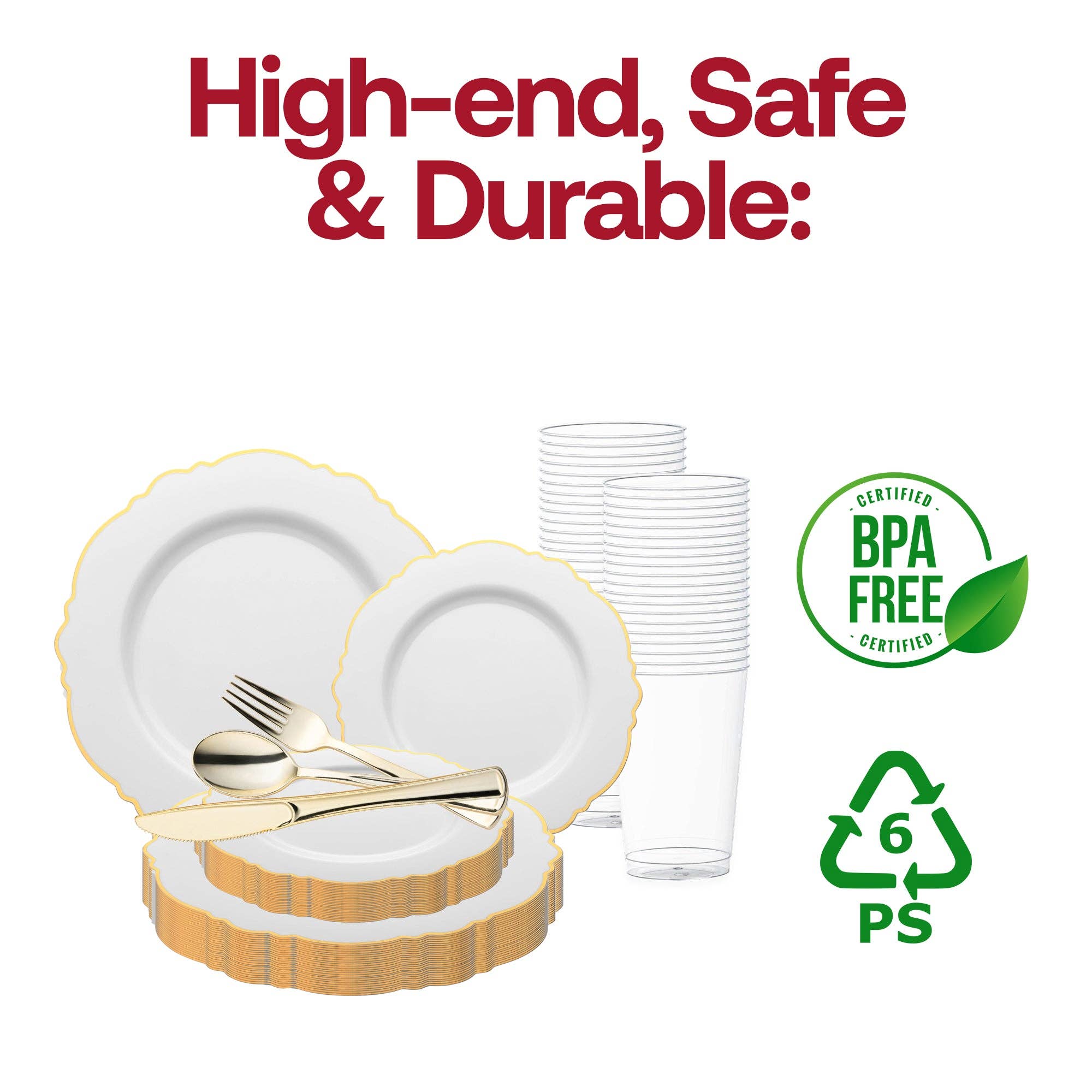 Smarty had a Party - Vente Service à vaisselle - Blanc avec Bord Doré Rond Fleur Plastique Mariage - 60 Ensembles3