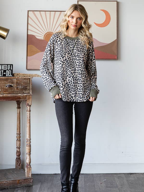 7th Ray - Wholesale Knit Top - Women's - Rib Animal Print Drop Shoulder V Seam Long Sleeve Top T581718
